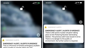Varovná zpráva, která přišla obyvatelům v blízkosti jaderné elektrárny, a následné upozornění vysvětlující, že šlo o omyl.