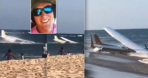 Pilot nouzově přistál s letadlem do moře hned vedle pláže plné lidí! Z motoru mu stoupal dým