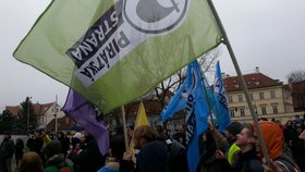 Zhruba desítka policistů přihlížela demonstraci Pirátů za svobodný internet, 20.2.2016.