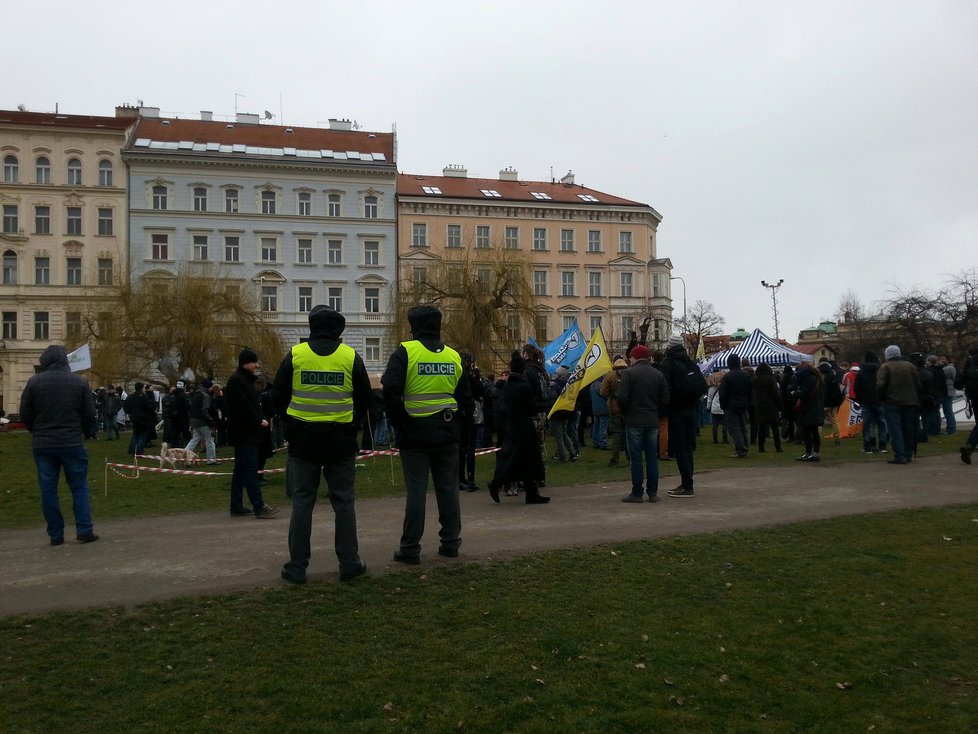 Zhruba desítka policistů přihlížela demonstraci Pirátů za svobodný internet, 20.2.2016.