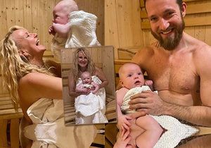 Vendula s manželem a synem v sauně