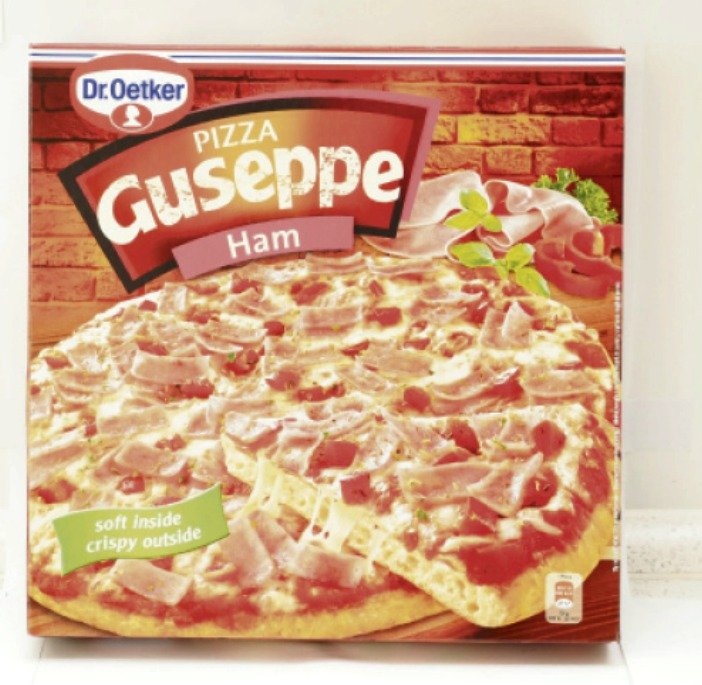 Dr. Oetker Pizza Guseppe Ham ( 410 g): Obsah šunky: 10,0 %. Jakost: standardní.