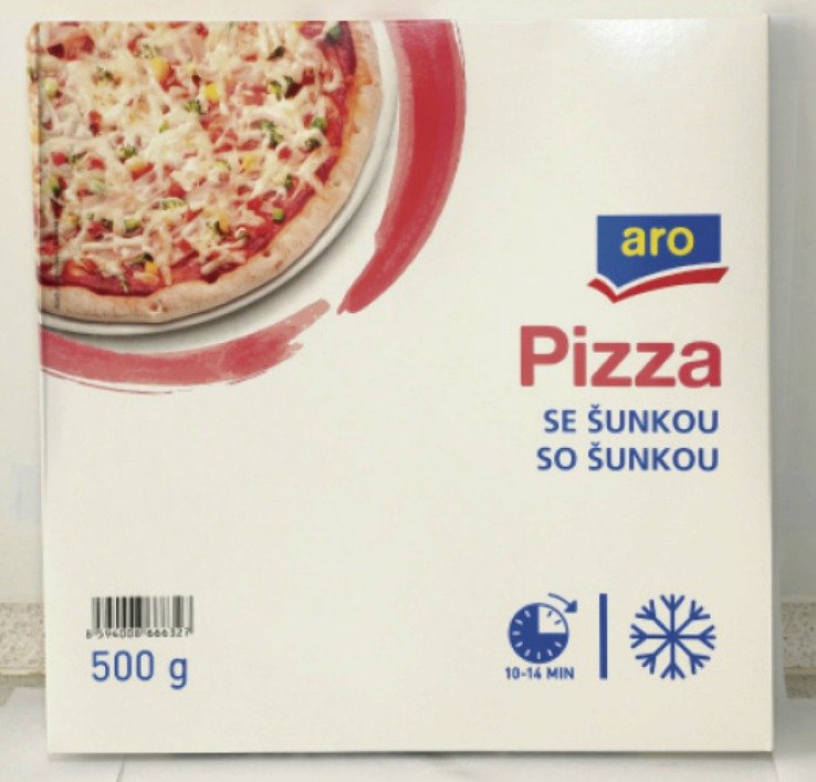 Aro Pizza šunková (500 g): Obsah šunky: 8,1 %. Jakost: standardní.