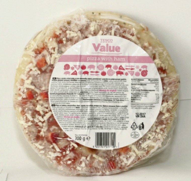 Tesco Value Pizza šunková (300 g): Obsah šunky: 5,6 %. Jakost: standardní.