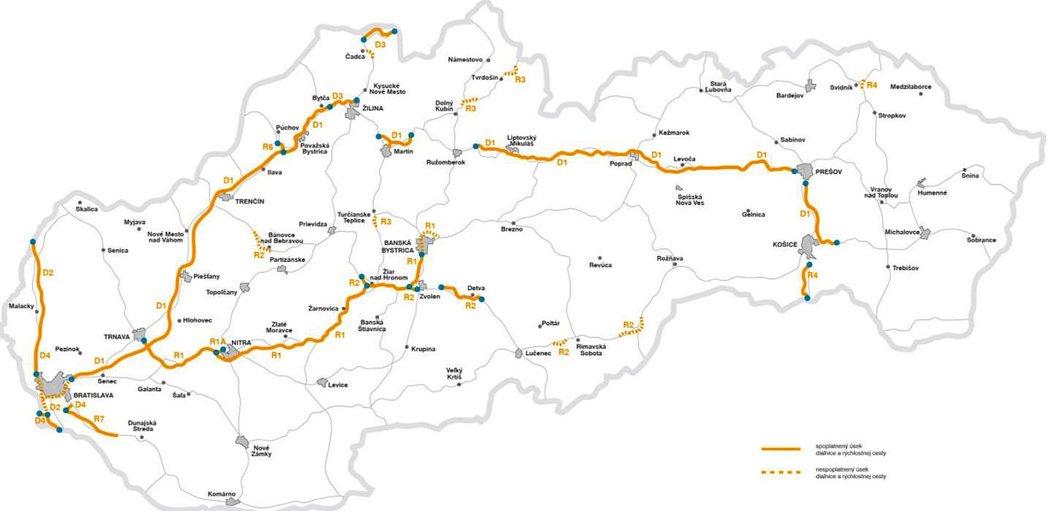 Placené úseky na slovenských dálnicích