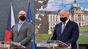 Ministr zdravotnictví Roman Prymula (za ANO) a ministr školství Robert Plaga (ANO) vystoupili 8. října 2020 v Praze na tiskové konferenci po jednání vlády kvůli novým opatřením proti šíření koronaviru.