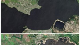 Za osm dní Kachovská nádrž takto vyschla (4.–13. června 2023).