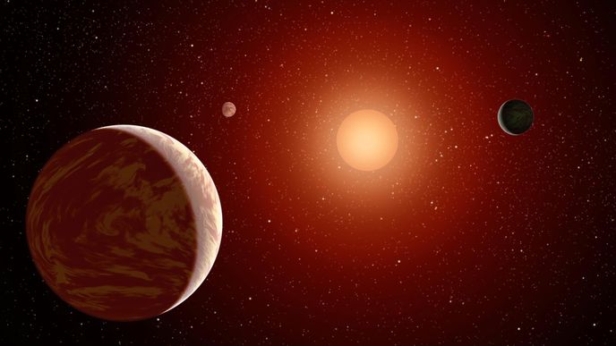 Exoplanety u červeného trpaslíka (kresba)