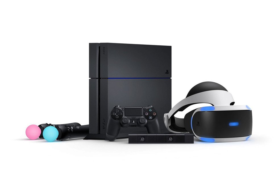 PlayStation 4 konzole s PS VR headsetem, dvěma Move ovladači a kamerou