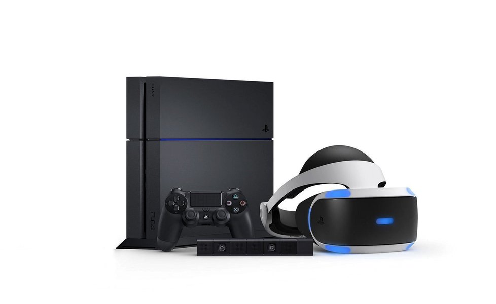 PlayStation 4 konzole s PS VR headsetem a kamerou
