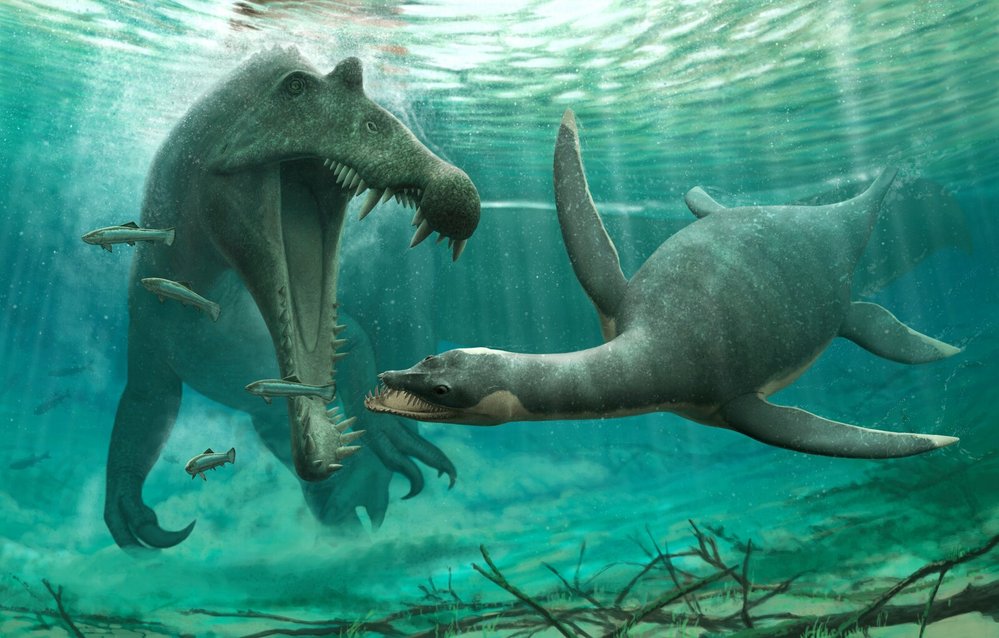 Umělecká představa spinosaura (vlevo) a plesiosaura (vpravo) v říčním prostředí.