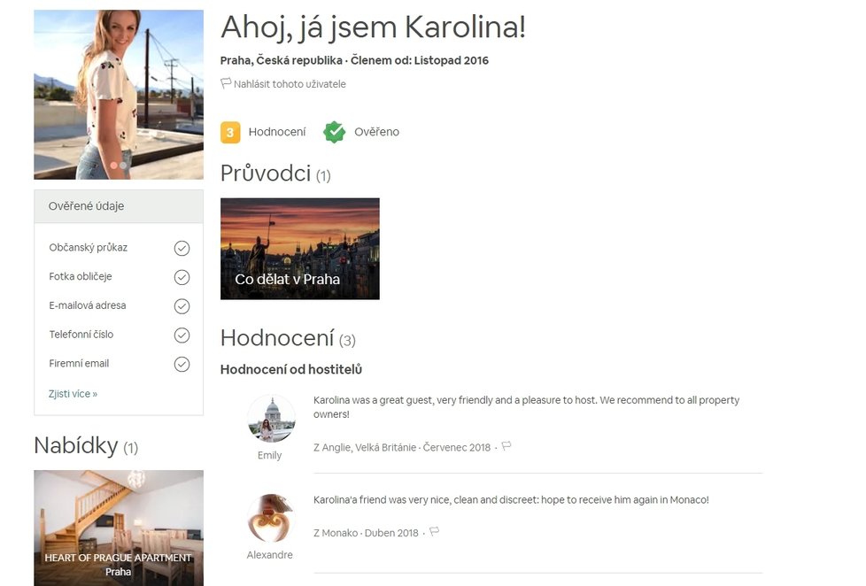 Karolínin profil na webu Airbnb