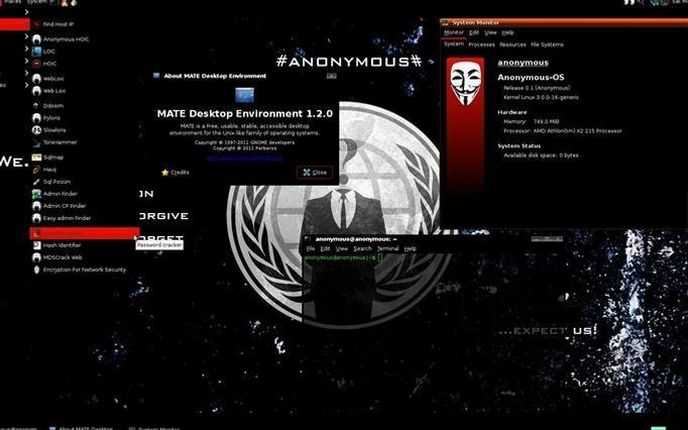 Plocha Anonymous OS s ukázkou předinstalovaných programů.