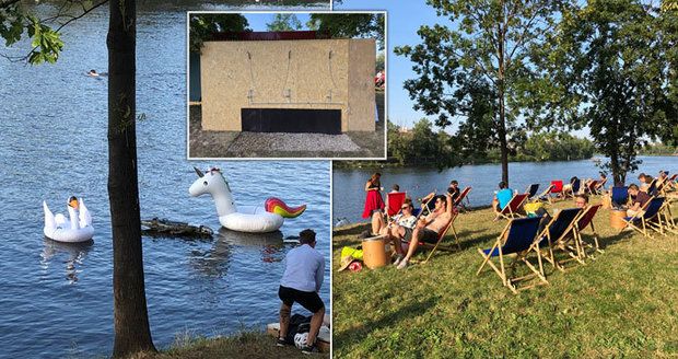 Za koupáním na Štvanici. Nová plovárna Baden Baden už se otevřela lidem, Vltavu vzali útokem