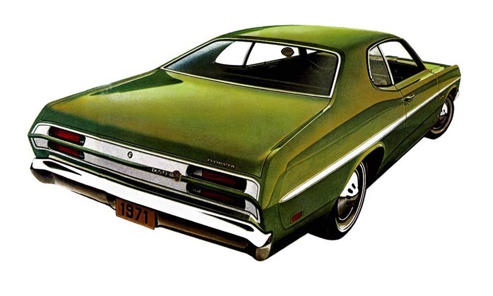 Plymouth Duster z roku 1971 měl vzadu dvojice vodorovných koncových světel bez rámečků.