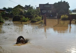 Prudké deště na Plzeňsku způsobily 6. června odpoledne lokální záplavy ve Šťáhlavech (na snímku) či Nezvěsticích. Zavřené jsou některé silnice, voda z polí se dostala i do domů.