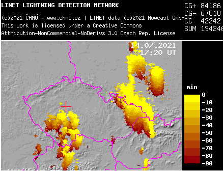 Blesková aktivita ve středeční podvečer podle ČHMÚ