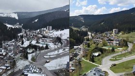 PEC POD SNĚŽKOU: 28. 4. 2016 a 12. 5. 2016: Z Pece pod Sněžkou zmizel sníh.
