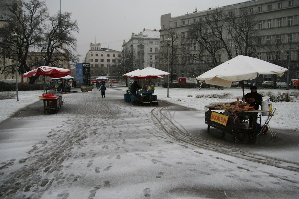 Jarní sníh vyhnal trhovce z Moravského náměstí, zůstali jen otužilci