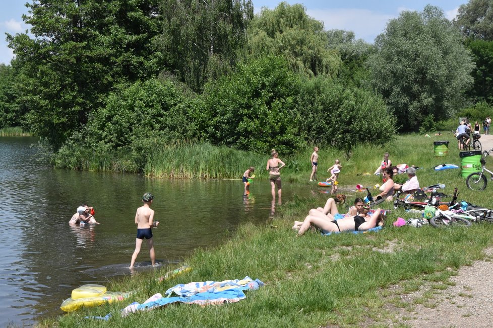 Prvními milovníky slunění a koupání ožilo první červnovou sobotu i přírodní koupaliště Poděbrady u Olomouce. (13. 6. 2020)