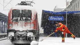 Technici v Břeclavi odklízejí sníh na nádraží v Břeclavi.
