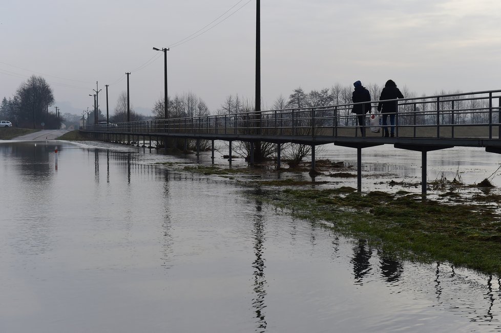 Voda z rozlité řeky Moravy zatopila silnici mezi Bohuslavicemi a Lukavicemi na Šumpersku (5.2.2021)