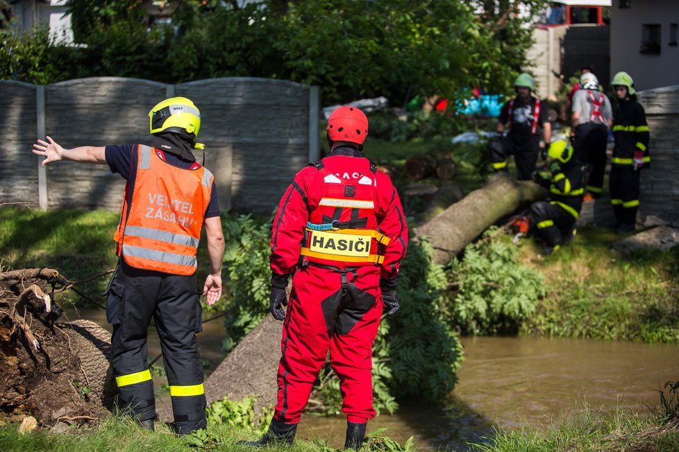 Silný déšť a vítr vyvrátil v Bravanticích na Novojičínsku strom, který se vyvrátil na plot a zasáhl i část střechy u rodinného domu. Pohromu likvidovali hasiči (27. 6. 2020).