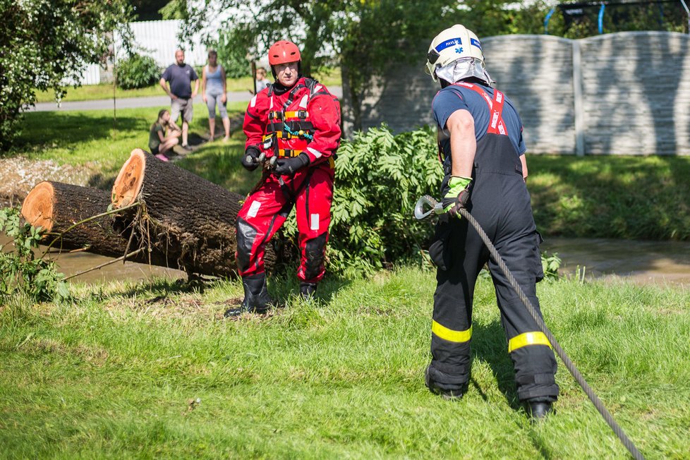 Silný déšť a vítr vyvrátil v Bravanticích na Novojičínsku strom, který se vyvrátil na plot a zasáhl i část střechy u rodinného domu. Pohromu likvidovali hasiči. (27. 6. 2020).