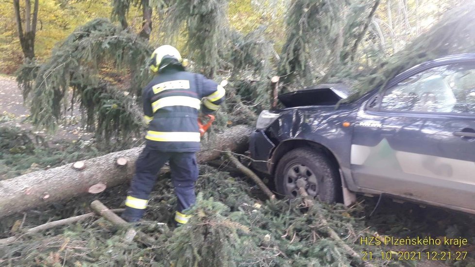 V Caparticích na Domažlicku spadl kvůli vichru strom na jedoucí vozidlo, nehoda je též bez zranění.