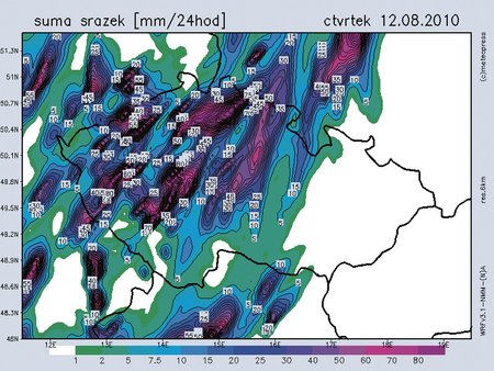 Tohle nás čeká! Meteorologický model s předpokládaným úhrnem srážek. Na místech, která jsou růžová, by mělo spadnout 50 a možná i více litrů na m2...