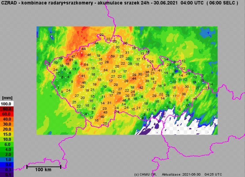 Mapa srážek v Česku (údaje k 30. 6. 2021)