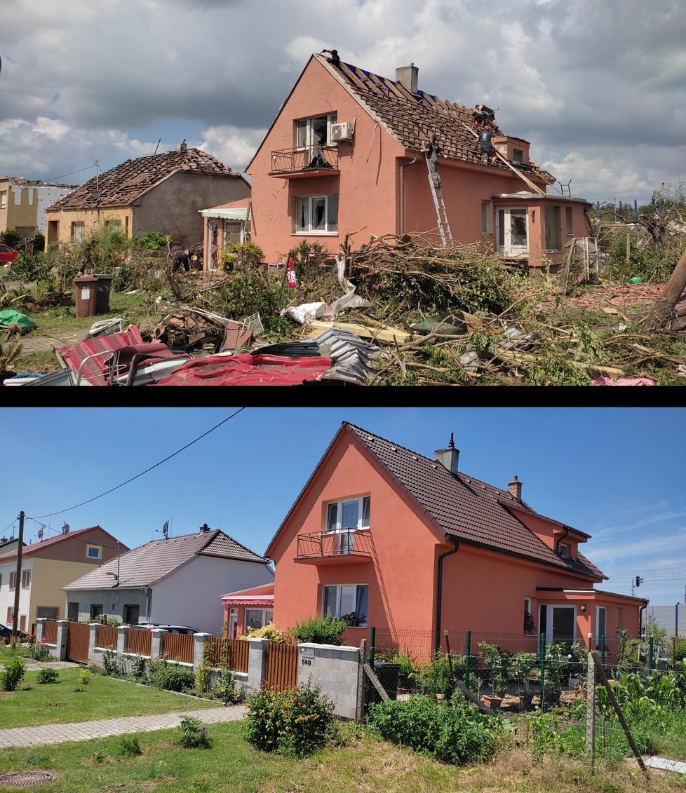 Krajní domy v Moravské ulici v Mikulčicích těsně po tornádu a nyní.