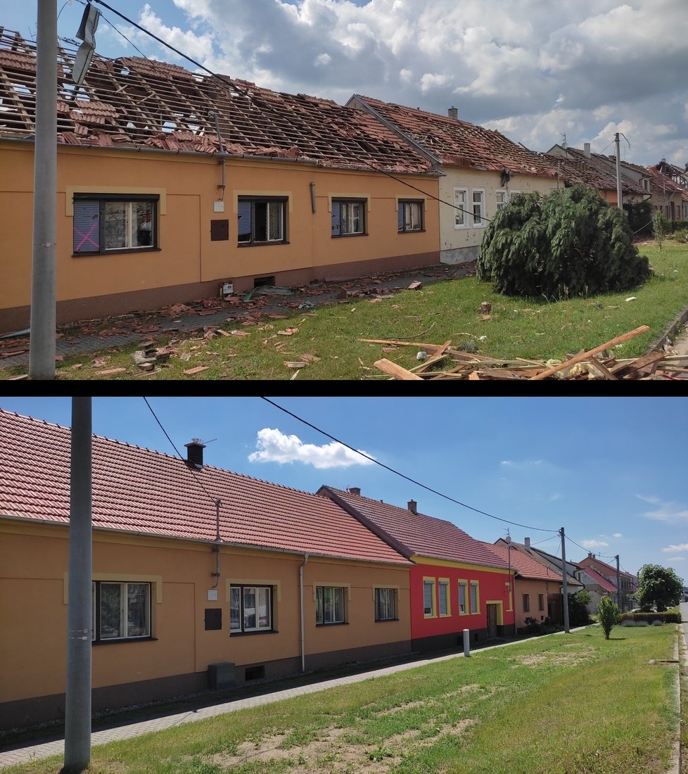 Řadová výstavba domů v Moravské ulici v Mikulčicích den po tornádu a nyní.