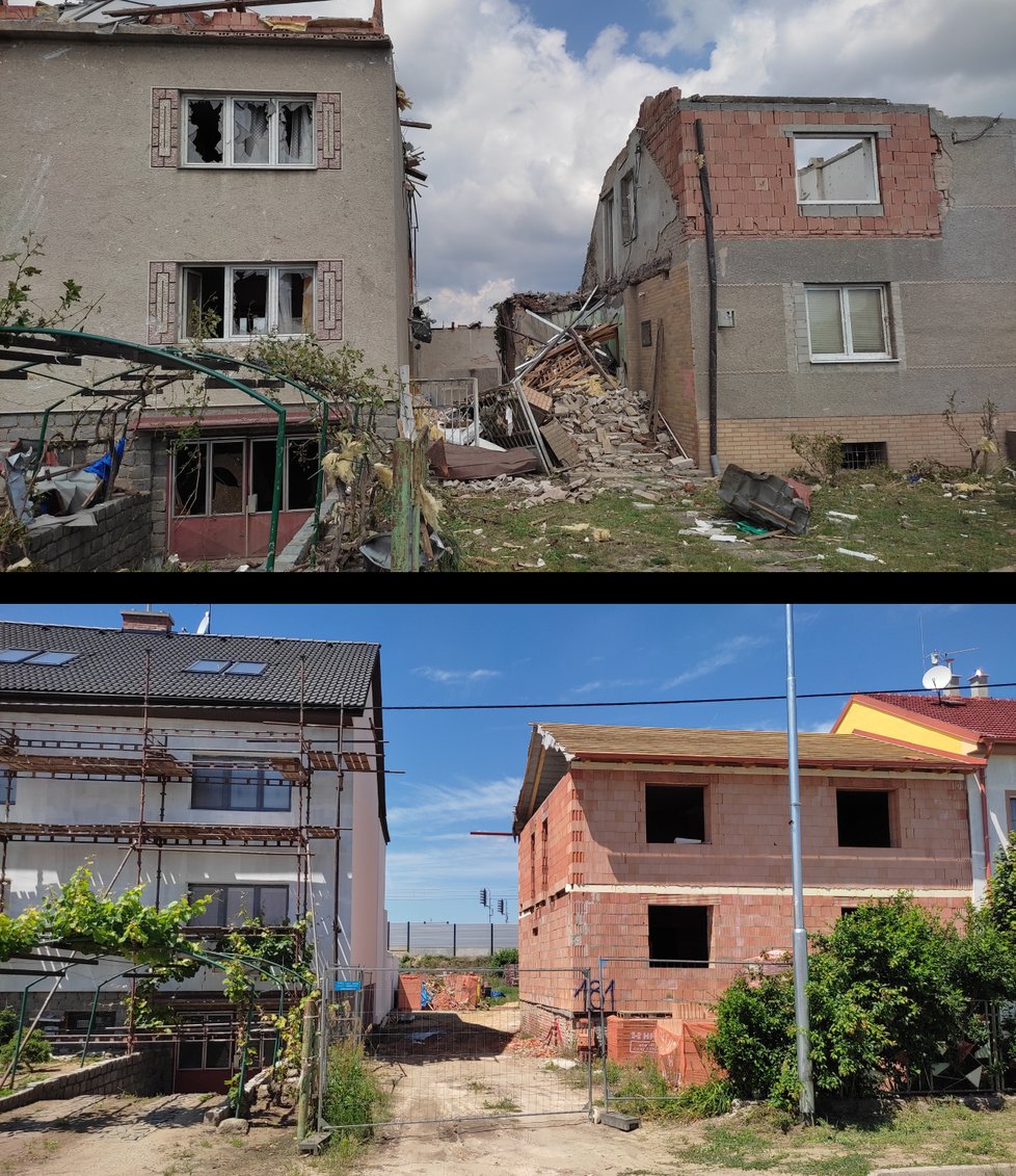 Domy v Moravské ulici v Mikulčicích zdevastované tornádem a nyní