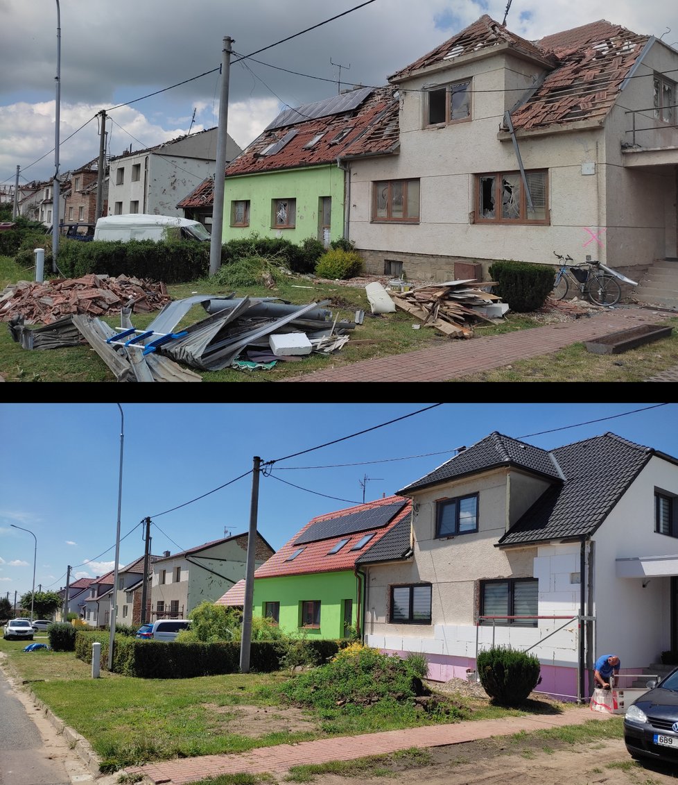 Domy v Moravské ulici v Mikulčiccíh zdevastované tornádem a nyní.