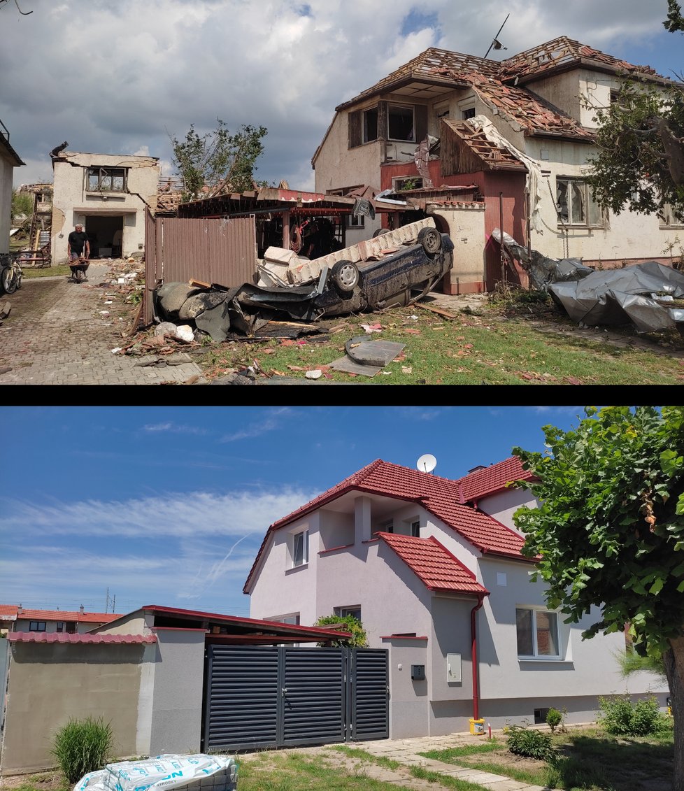 Domy v Moravské ulici v Mikulčiccíh zdevastované tornádem a nyní.
