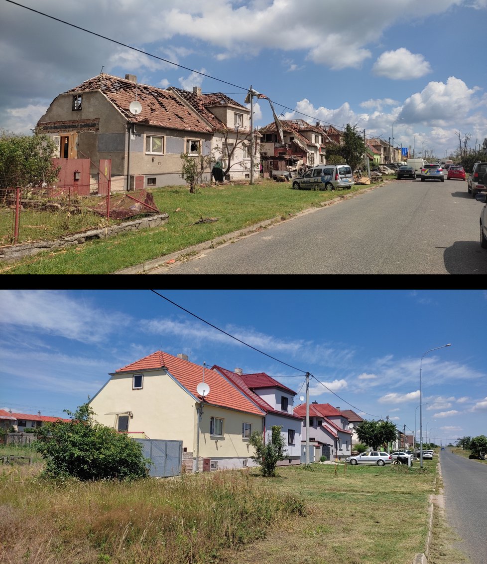 Moravská ulice v Mikulčicích den po tornádu a nyní