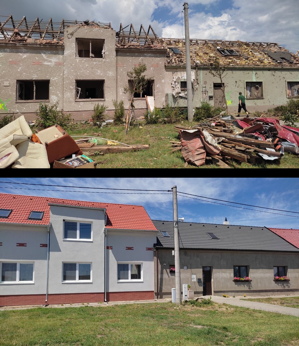 Zničené domy tornádem v Moravské ulici v Mikulčicích den po tornádu a nyní.