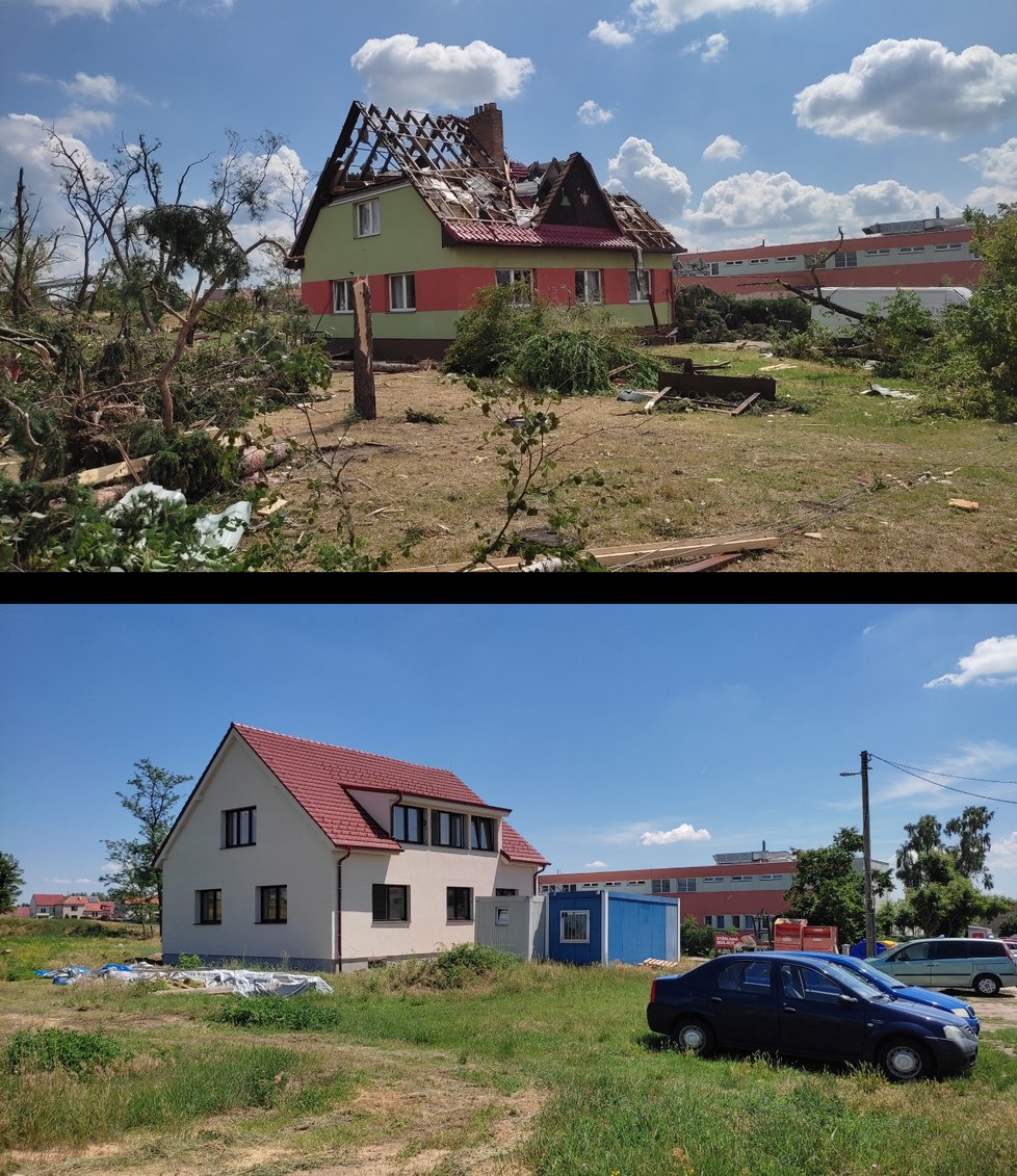 Zničená střecha domu v ulici U Školky v Mikulčicích den po tornádu a nyní.