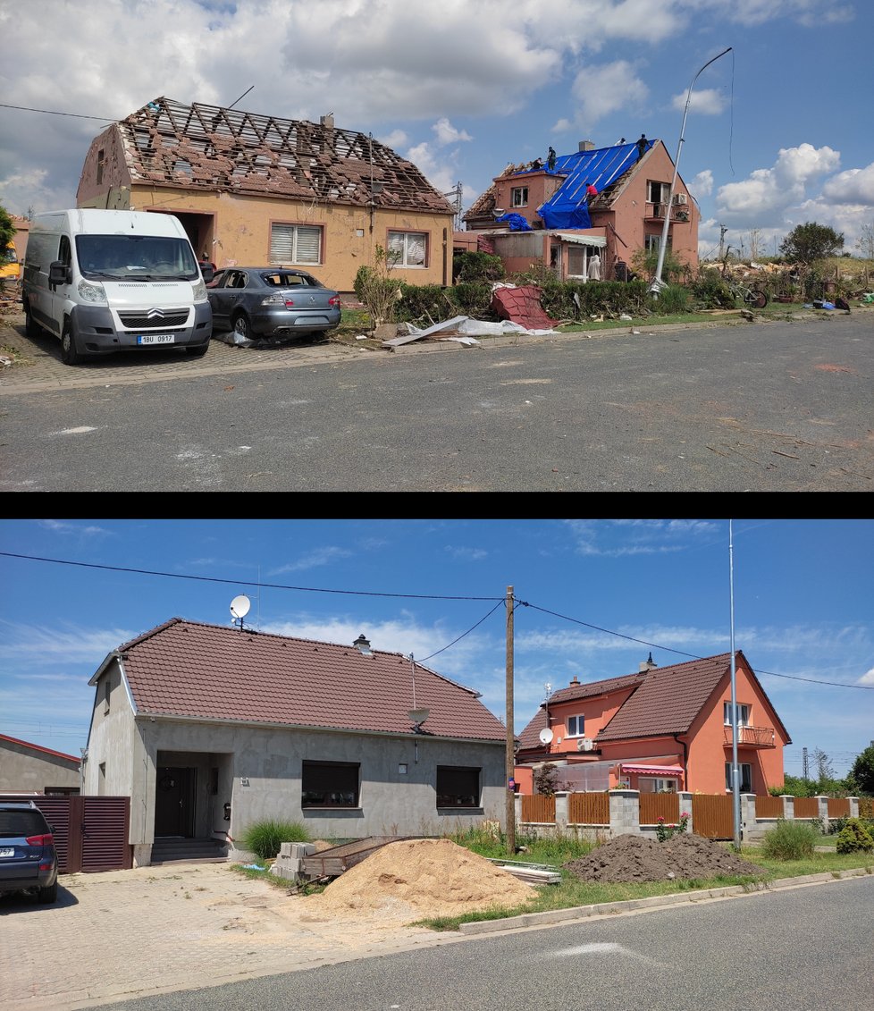Krajní domy v Moravské ulici v Mikulčicích těsně po tornádu a nyní