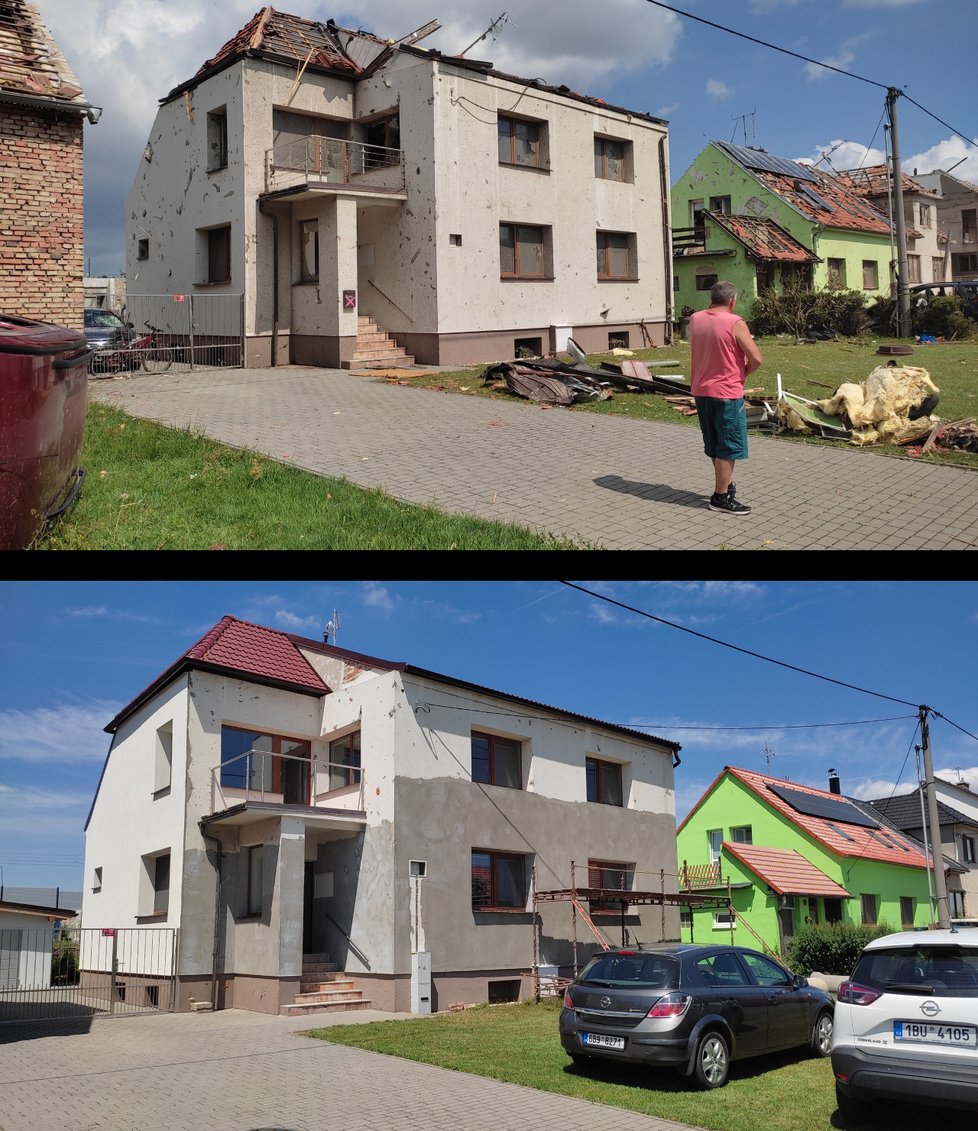 Domy v Moravské ulici v Mikulčiccíh poničené tornádem a nyní.