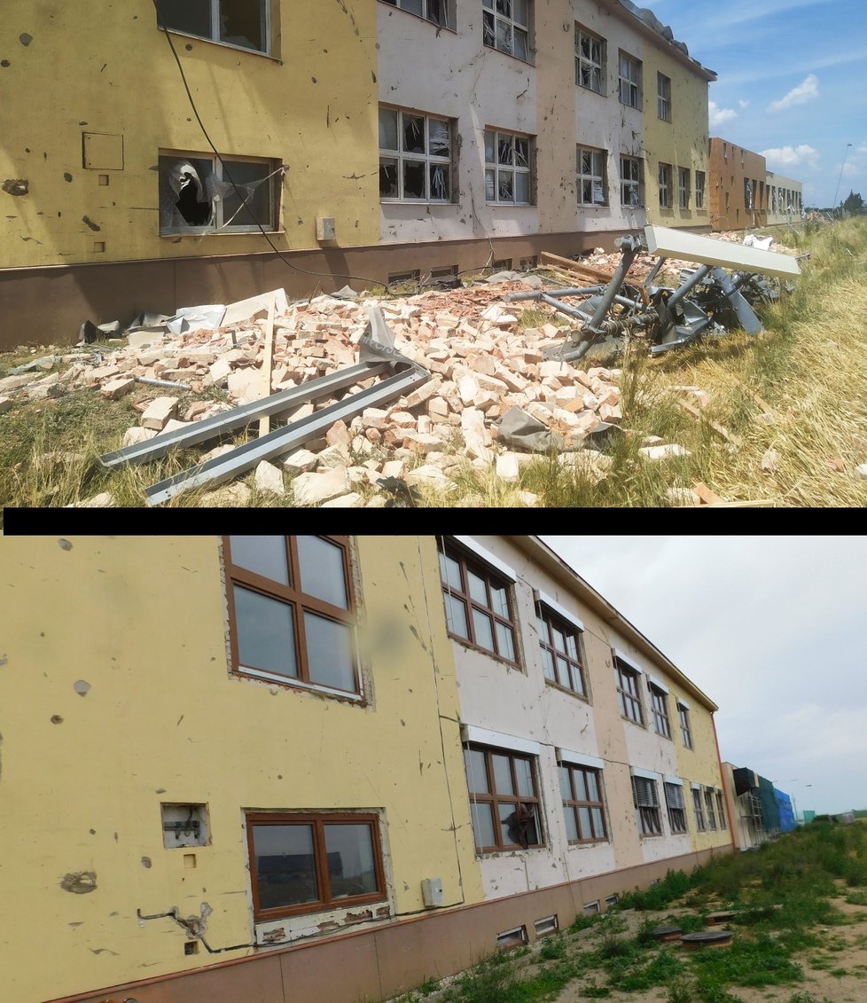 Škola v Moravské Nové Vsi den po tornádu a nyní.