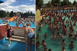 Tropy v Česku: Sociální sítě zaujalo foto z Aqualandu Moravia, kde v teplém letním dni čeká dav lidí v bazénu, až se spustí umělé vlnobití (vpravo)