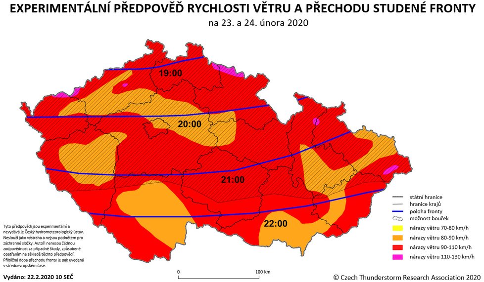 Experimentální předpověď rychlosti větru a přechodu studené fronty