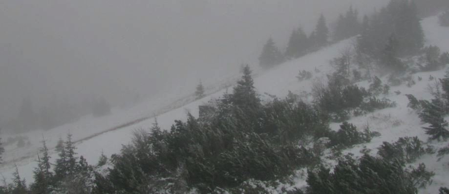 Meteorologové varují před tvorbou sněhových jazyků na horách: Pohled na Labskou Boudu (29.10.2017)