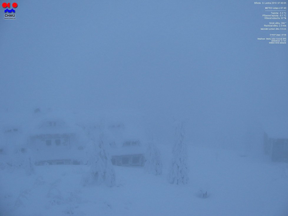 Lysá hora je pokrytá sněhem a zahalena mlhou (8. 1. 2019)