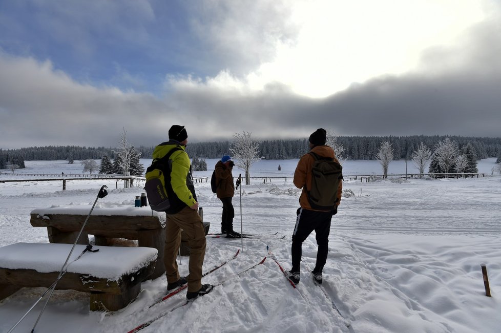 Upravené trasy využívají v okolí Božího Daru na Karlovarsku stovky běžkařů, ale také pěší turisté (12. 12. 2021)