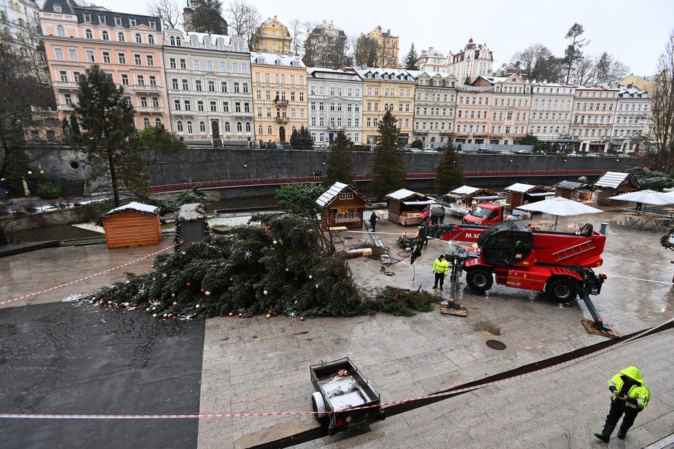 Zlomený vánoční strom před Thermalem ve Varech (23.12.2023)