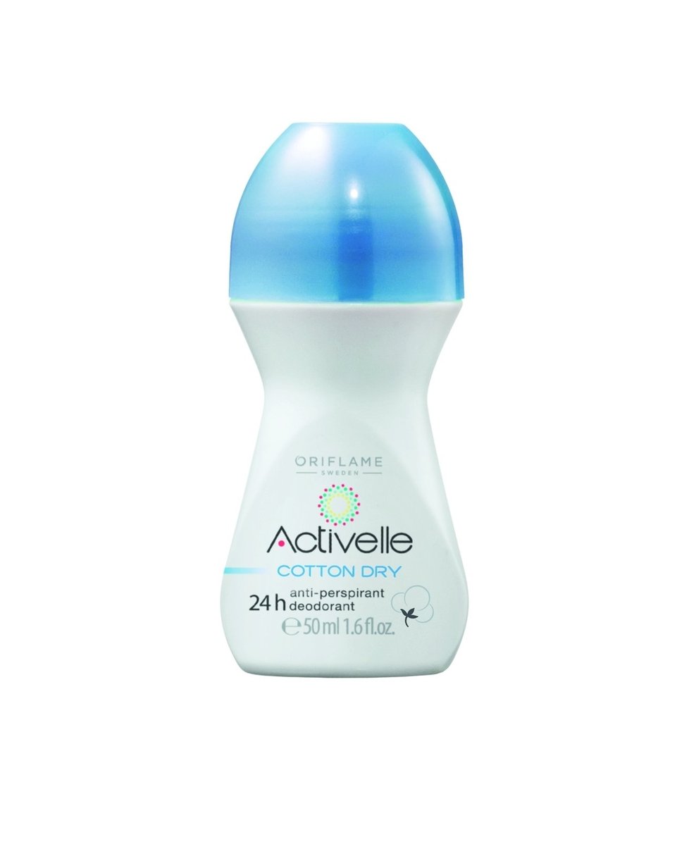 Oriflame kuličkovýantiperspirant deodorant Activelle Cotton Dry 24h má nelepkavé složení a pudr z bavlníku, který zanechá podpaží hebké a hladké až 24 hodin. Koupíte u prodejců. Cena: 99 Kč