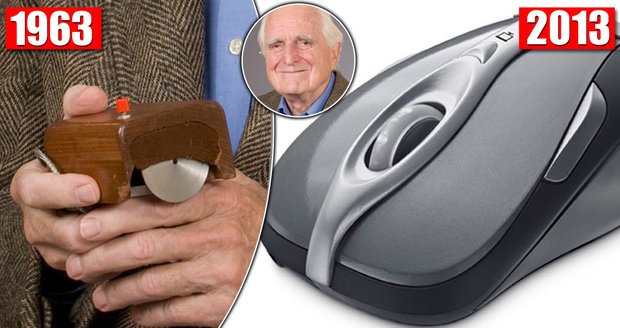 Původní myš od vynálezce Douglasa Engelbarta (†88) a její současná nástupkyně